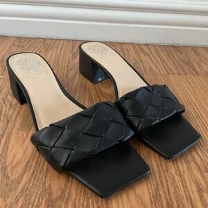 Vince Camuto Semtera Black Woven Leather Sz 9 Slide Sandal Block Heel